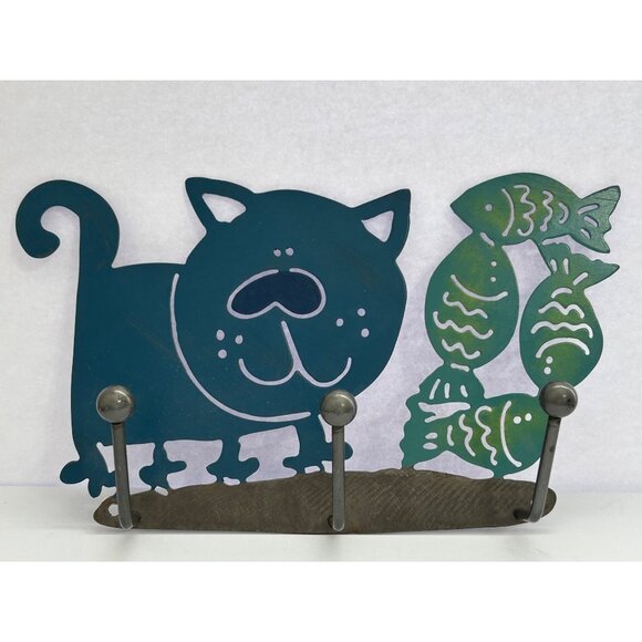 Other - Kitty Cat & Fish Metal Wall Hook Decor Key Pet Leash Towel Hat Holder Whimsical